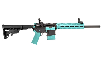 Picture of Tippmann Arms Company M4-22 LTE Compliant, Semi-automatic Rifle, AR, 22 LR, 16" Barrel, Matte Finish, Black with Robbins Egg Blue Accents, Composite Free Float Handguard, Front/Rear Flip Sights, M4 Collapsible Stock, 10 Rounds, 1 Magazine A101334