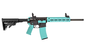 Picture of Tippmann Arms Company M4-22 LTE Accent, Semi-automatic Rifle, AR, 22 LR, 16" Threaded Barrel, Threaded 1/2x28, Matte Finish, Black with Robbins Egg Blue Accents, Composite Free Float Handguard, Front/Rear Flip Sights, M4 Collapsible Stock, 25 Rounds, 1 Magazine A101203