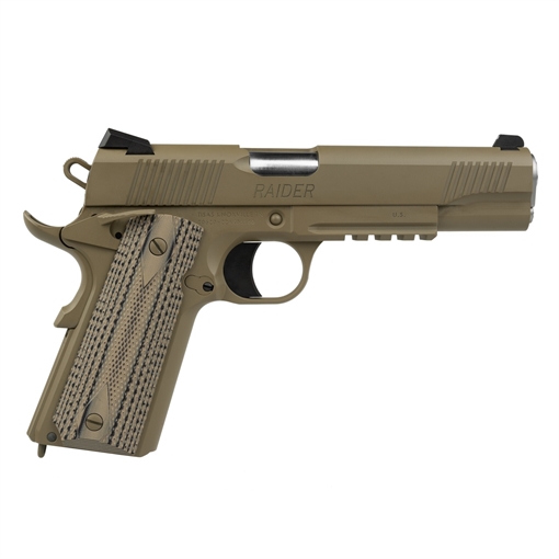 Picture of Tisas USA 1911 Raider, Single Action Only, Semi-automatic, Metal Frame Pistol, Full Size, 45 ACP, 5" Barrel, Carbon Steel Frame, Cerakote Finish, Flat Dark Earth, Ed Brown Bobtail, G10 Grips, Novak Style 3-Dot Sights, Accessory Rail, 8 Rounds, 2 Magazines 10100505