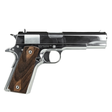 Picture of Tisas 1911 Regulator Full Size Frame 9mm Luger/38 Super 9+1 5" Stainless Steel Barrel, Polished Chrome Steel Serrated Slide, Chrome High Polished Steel Frame w/Beavertail, Turkish Walnut Grip 10100513
