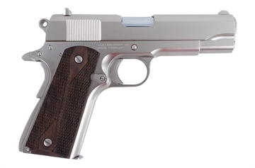 Picture of Tisas USA 1911 Tank Commander, Single Action Only, Semi-automatic, Metal Frame Pistol, Commander, 9MM, 4.25" Barrel, Nickel Finish, Turkish Walnut Grips, Fixed Sights, 9 Rounds, 2 Magazines 10100117 1911A1TC9M