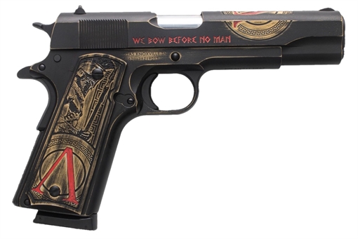 Picture of Tisas Arms 10100518AA1 1911 Spartan Full Size 45 ACP 7+1 5" Distressed Multi-Color Cerakote Serrated Slide & Carbon Steel Frame w/Beavertail, Aluminum Cerakote w/Engraving Grip