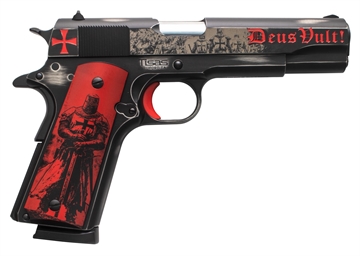Picture of Tisas Arms 10100518AA2 1911 Crusader Full Size Frame 45 ACP 7+1 5" Steel Serrated Slide, Distressed Graphite Cerakote Carbon Steel Frame w/Beavertail, Multi-Color Cerakote Grip