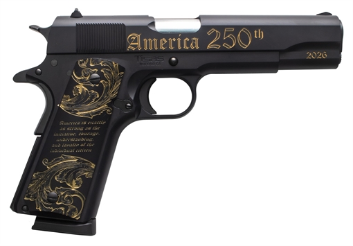 Picture of Tisas Arms 10100518US250 1911 America's 250th Full Size 45 ACP 7+1 5" Stainless Barrel, Black w/Gold Engraving Steel Serrated Slide, Black w/Gold Engraving Steel Frame w/Beavertail, Black w/Gold Accen