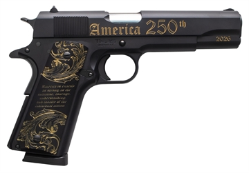 Picture of Tisas Arms 10100518US250 1911 America's 250th Full Size 45 ACP 7+1 5" Stainless Barrel, Black w/Gold Engraving Steel Serrated Slide, Black w/Gold Engraving Steel Frame w/Beavertail, Black w/Gold Accen