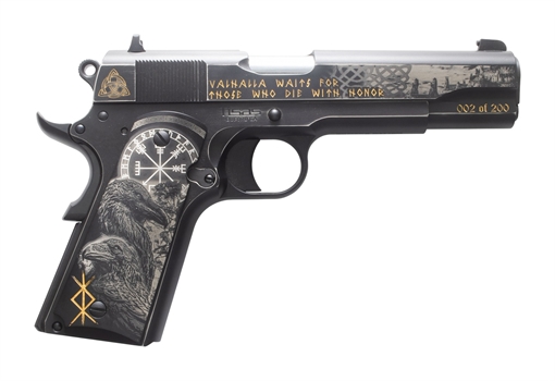Picture of Tisas Arms Customs 10100516AA10 1911 A1 Stakeout Norse God Sports South Exclusive 45 ACP 8+1 5" Carbon Steel Serrated Slide Carbon Steel Frame w/Beavertail