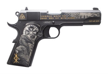 Picture of Tisas Arms Customs 10100516AA10 1911 A1 Stakeout Norse God Sports South Exclusive 45 ACP 8+1 5" Carbon Steel Serrated Slide Carbon Steel Frame w/Beavertail