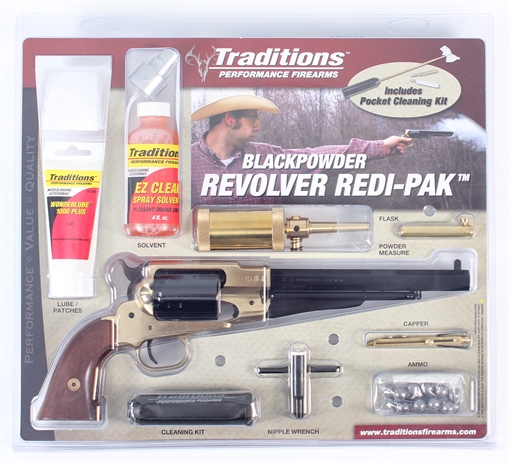 Picture of Traditions 1858 Army SAO 44 Cal 8" 6 Shot Brass Frame Blued Barrel/Blued Cylinder Walnut Grip Redi-Pack FRS18581