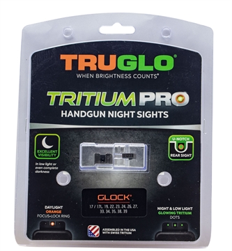 Picture of TRUGLO Tritium Pro Brite Site Day/Night Sight Set Fits Glock 17/17L/19/22/23/24/26/27/33/34/35/38/39/45, Front Sight Color Green W/ Orange Focus Lock Ring, Rear Sight Green, Glows In The Dark No Batteries Or Light Exposure Required TG-TG231G1C