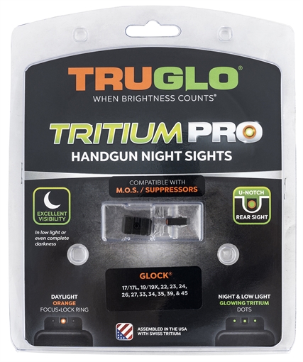 Picture of TRUGLO Tritium Pro Brite Site Day / Night Sight Set Fits Glock M.O.S. 17/19/34/35/45, Front Sight Color Green W/ Orange Focus Lock Ring, Rear Sight Green, Glows In The Dark No Batteries Or Light Exposure Required TG-TG231G1MC