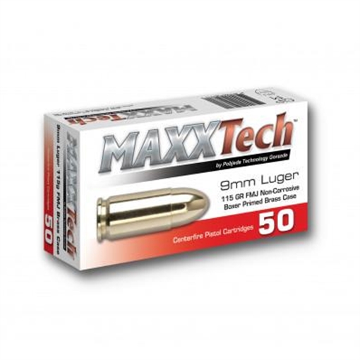 Picture of MaxxTech Handgun Ammunition 9mm Luger 115 gr FMJ 1150 fps 500/ct (10 Boxes 50/ct) PTGB9MMBC