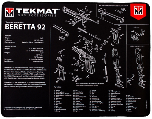Picture of TekMat TEKR20BER92 Beretta 92 Ultra 20 Cleaning Mat Black/White Rubber 15"x20" Beretta 92 Parts Diagram TEKR20BER92 TEK-R20-BER92