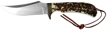 Picture of Uncle Henry old Next Gen Staglon 4.25" Skinner Plain Satin Stainless Steel Blade 4.25" Staglon Handle Features Brass Finger Guard Includes Sheath 1100035