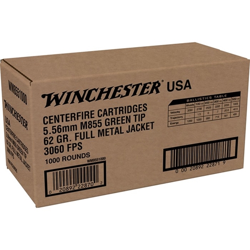 Picture of Winchester Ammo USA M855 Green Tip 5.56x45mmNATO 62gr Full Metal Jacket 1000 Per Box/1 Case *Sold By Case WM8551000