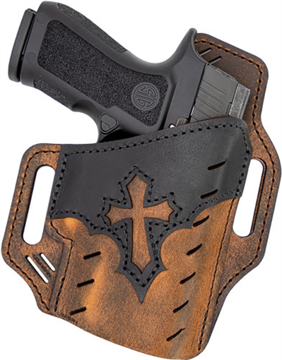 Picture of Versacarry Guardian Arc Angel, Outside the Waistband Holster, Fits CZ 2075 RAMI, Diamondback DB9, Glock 42/43/48, S&W Shield/Shield Plus and Shield EZ, Springfield XDs, Taurus GX4 and Similar Size Pistols, Leather, Distressed Brown, Right Hand UGA3BRN