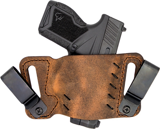 Picture of Versacarry Orion IWB/OWB Holster, Fits Most Single Stack and Sub-Compact Semi-Automatic Pistols, Distressed Brown Color, Water Buffalo Leather, Right Hand 22103
