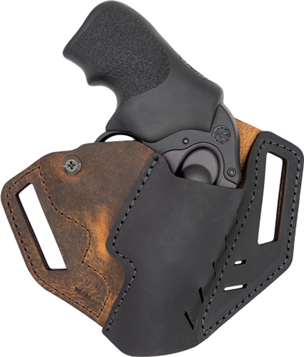 Picture of Versacarry Revolver Belt Holster, Fits S&W J-Frame and Ruger LCR, Black and Distressed Brown Color, Water Buffalo Leather, w/ Tension Adjustment, Right Hand REV201