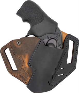 Picture of Versacarry Revolver Belt Holster, Fits S&W J-Frame and Ruger LCR, Black and Distressed Brown Color, Water Buffalo Leather, w/ Tension Adjustment, Right Hand REV201
