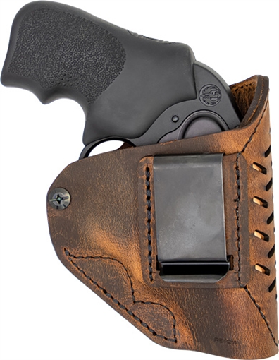 Picture of Versacarry Revolver Inside Waistband Holster, Fits S&W J-Frame and Ruger LCR, Black and Distressed Brown Color, Water Buffalo Leather, w/ Tension Adjustment, Right Hand REV211