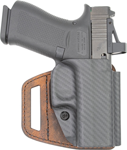 Picture of Versacarry V-Slide, Belt Slide Holster, Right Hand, Fits S&W Shield EZ, Distressed Leather and Polymer, Brown VSL211SHDEZ