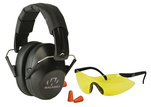 Picture of Walker's GWPFPM1GFP Pro Low Profile Passive Muff Combo Kit Includes Foam Ear Plugs, Low Profile 31 db Over the Head Passive Muff, Shooting Glasses w/Yellow Lens GWPFPM1GFP GWP-FPM1GFP