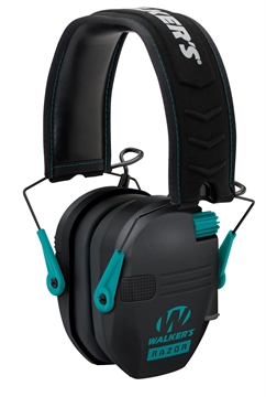 Picture of Walker's Razor Slim Electronic Muff 23 dB Over the Head Black Polymer w/Teal Accents GWPRSEMTL