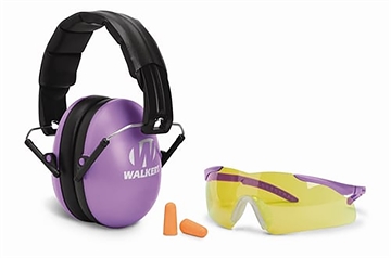 Picture of Walker's Folding Muff Combo 23 dB Over the Head Folding Muff, Foam Ear Plugs, Shooting Glasses, Purple/Black Polymer Fits Youth/Women GWPYWFM2GFPPUR