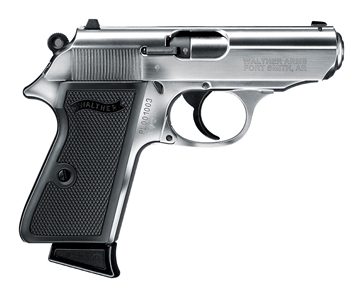 Picture of Walther PPK/S, Double Action/Single Action, Semi-automatic, Metal Frame Pistol, Compact, 22LR, 3.3" Barrel, Alloy, Nickel, Polymer Grips, Fixed Sights, 10 Rounds, 1 Magazine 5030320