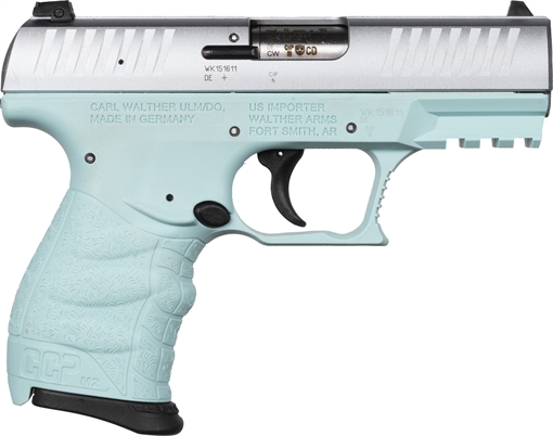 Picture of Walther Arms CCP M2 + 9mm Luger 8+1 3.54" Barrel, Angel Blue Finish Picatinny Rail Frame, Serrated Sliver Stainless Steel Slide, Finger Grooved Polymer Grip 5083512
