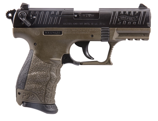 Picture of Walther P22-CA, Double Action/Single Action, Semi-automatic, Polymer Frame Pistol, Compact, 22LR, 3.4" Barrel, Military Green, Adjustable Sights, 10 Rounds, 2 Magazines, California Compliant 5120338