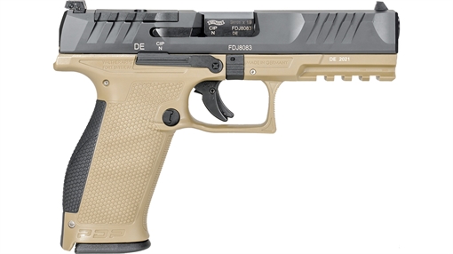 Picture of Walther Arms PDP 9mm Luger 18+1 4.50" Black Polygonal Rifled Barrel, Black Optic Ready/Serrated Slide, Tan Polymer Frame w/Picatinny Rail, Black Performance Duty Texture Grips, Ambidextrous 2858380