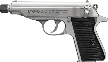 Picture of Walther PP SD, Semi-automatic, Double Action/Single Action, Metal Frame Pistol, Compact, 32 ACP, 3.9" Barrel, Threaded 1/2X28, Matte Finish, Silver, Fixed Sights, 8 Round, 2 Magazines 4796062