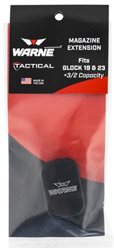 Picture of Warne Magazine Extension made of 6061-T6 Aluminum with Hardcoat Anodized Black Finish for Glock 19, 23 Magazines (Adds 3rds 9mm Luger, 2rds 40 S&W) MEG1932BLK