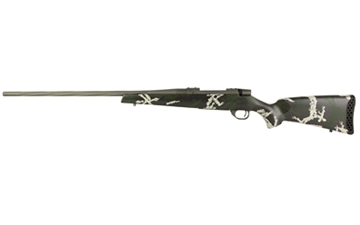 Picture of Weatherby Vanguard, Talon, Bolt Action Rifle, 270 Winchester, 26" Fluted Barrel, Muzzle Brake, Cerakote Finish, Graphite Black, Peak 44 Blacktooth Carbon Fiber Stock, Green and White Sponge Pattern, 4 Rounds, Hinged Floorplate Bottom Metal VTE270NR6B