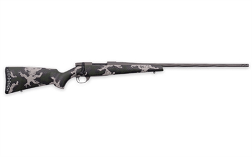 Picture of Weatherby Vanguard, Talon, Bolt Action Rifle, 7 PRC, 24" Threaded Barrel, 1/2x28, Muzzle Brake, Cerakote Finish, Graphite Black, Peak 44 Blacktooth Carbon Fiber Stock, Green and White Sponge Pattern, 3 Rounds, Hinged Floorplate Bottom Metal VTE7MMPR6B