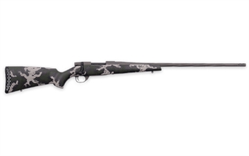 Picture of Weatherby Vanguard, Talon, Bolt Action Rifle, 7 PRC, 24" Threaded Barrel, 1/2x28, Muzzle Brake, Cerakote Finish, Graphite Black, Peak 44 Blacktooth Carbon Fiber Stock, Green and White Sponge Pattern, 3 Rounds, Hinged Floorplate Bottom Metal VTE7MMPR6B