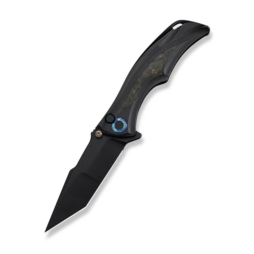 Picture of We Knife Tighe Down Flipper & Thumb Stud & Button Lock Knife Black Titanium Integral Handle With Black & Yellow Carbon Fiber Inlay (4"" Black Stonewashed Bohler M390 Blade, Tanto) WE24054B-1 724065715517
