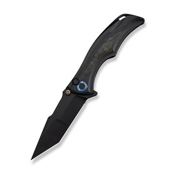 Picture of We Knife Tighe Down Flipper & Thumb Stud & Button Lock Knife Black Titanium Integral Handle With Black & Yellow Carbon Fiber Inlay (4"" Black Stonewashed Bohler M390 Blade, Tanto) WE24054B-1 724065715517