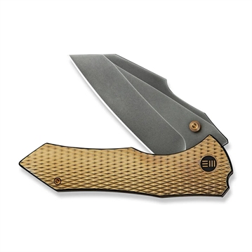 Picture of We Knife WEKNIFE High-Fin XL Thumb Stud Knife Diamond Patterned Golden Polished Titanium Handle (3.48"" Polished Gray CPM 20CV Blade) WE24010-3