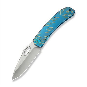 Picture of We Knife WEKNIFE Inmate Front Flipper & Thumb Hole Knife Blue Titanium Handle With Golden Raindrops (3.7"" Satin Finished CPM 20CV Blade)    WE23096B-3