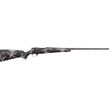 Picture of Weatherby Vanguard, Talon, Bolt Action Rifle, 300 Winchester Magnum, 24" Threaded Barrel, 1/2x28, Muzzle Brake, Cerakote Finish, Graphite Black, Peak 44 Blacktooth Carbon Fiber Stock, Green and White Sponge Pattern, 3 Rounds, Hinged Floorplate Bottom Metal VTE300NR6B