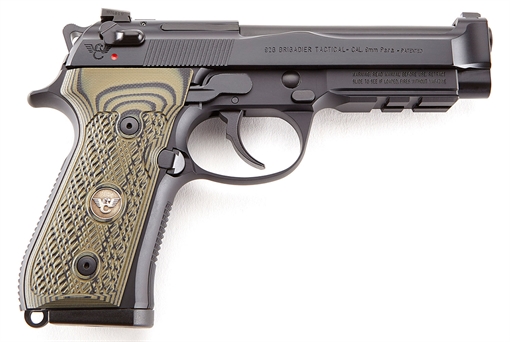 Picture of Wilson Combat 92G Brigadier Tactical 9mm Luger 15+1 4.70" Target Crown Steel Barrel, Black Serrated Steel Slide, Black Steel Frame w/Picatinny Rail, Dirty Olive G10 Grip, Ambidextrous BER92BRIG9