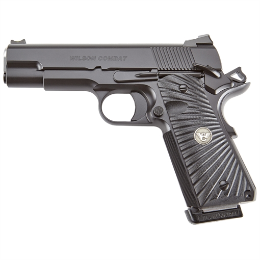 Picture of Wilson Combat CQB Commander, 1911, Semi-automatic, Metal Frame Pistol, Commander Size, 45 ACP, 4.25" Barrel, Steel Frame, Armor Tuff Finish, Black, G10 Starburst Grips, Fiber Optic Front Sight and Rear Battlesight, Ambidextrous Thumb Safety, 8 Rounds, (2) 47D 8-Round Magazines COM-PR-45A