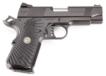 Picture of Wilson Combat CQB Elite Compact Frame 45 ACP 7+1 4" Stainless Match Grade Barrel, Black Serrated Carbon Steel Slide, Black Armor-Tuff Carbon Steel w/Beavertail, Black G10 Starburst Grip CQBECP45