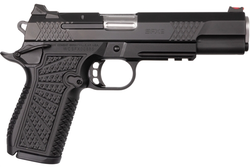 Picture of Wilson Combat SFX9 9mm Luger 15+1 5" Stainless Match Grade Barrel, Black DLC Serrated Stainless Steel Slide, Black Aluminum Frame w/Beavertail & Picatinny Rail, Black Polymer Grip SFX9FSR5A