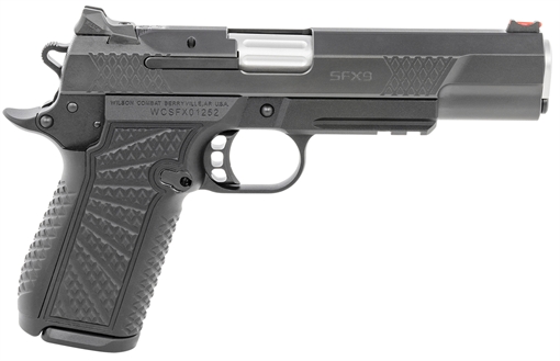 Picture of Wilson Combat SFX9 9mm Luger 15+1 5" Stainless Match Grade Barrel, Black DLC Serrated Stainless Steel Slide, Black Aluminum Frame w/Beavertail & Picatinny Rail, Black Polymer Grip SFX9FSR5
