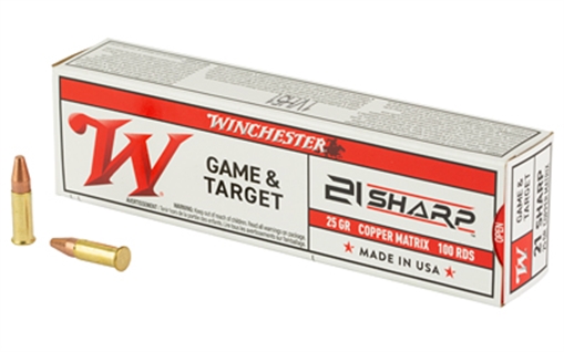 Picture of Winchester Ammunition Game & Target, 21 SHARP, 25 Grain, Copper Matrix Bullet, 100 Round Box S21SLF