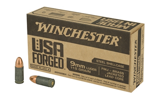 Picture of Winchester Ammunition USA Forged, 9MM, 115 Grain, Brass Jacketed Lead Core (FMJ), Steel Cased, 50 Round Box WIN9SV
