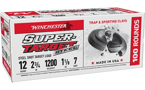 Picture of Winchester Ammunition Super-Target, 12 Gauge 2.75", #7, 3 Dr, 1 1/8 oz, Steel Shot, 100 Round Box TRGT12S7VP