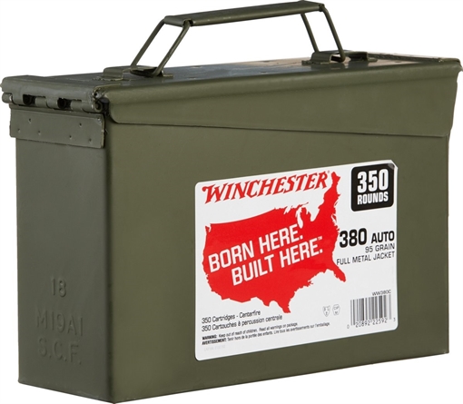 Picture of Winchester Reloadable Brass Case Handgun Ammunition .380 Auto 95 gr. FMJ 955 fps 350/ct Metal Can WW380C